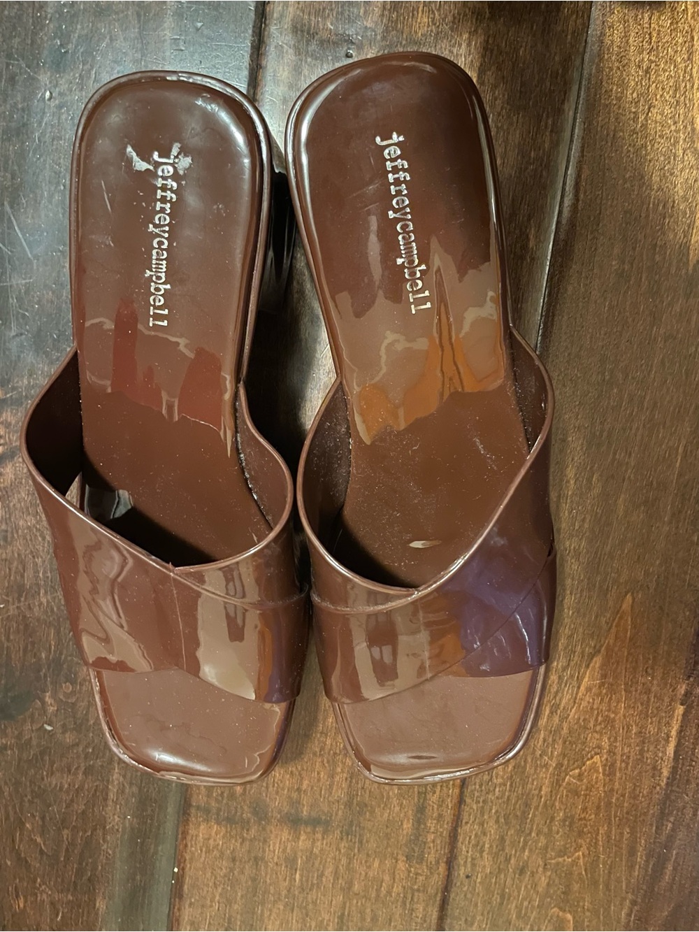Jeffrey Campbell Glossy Chocolate Brown Patent Slide Mules SZ 10